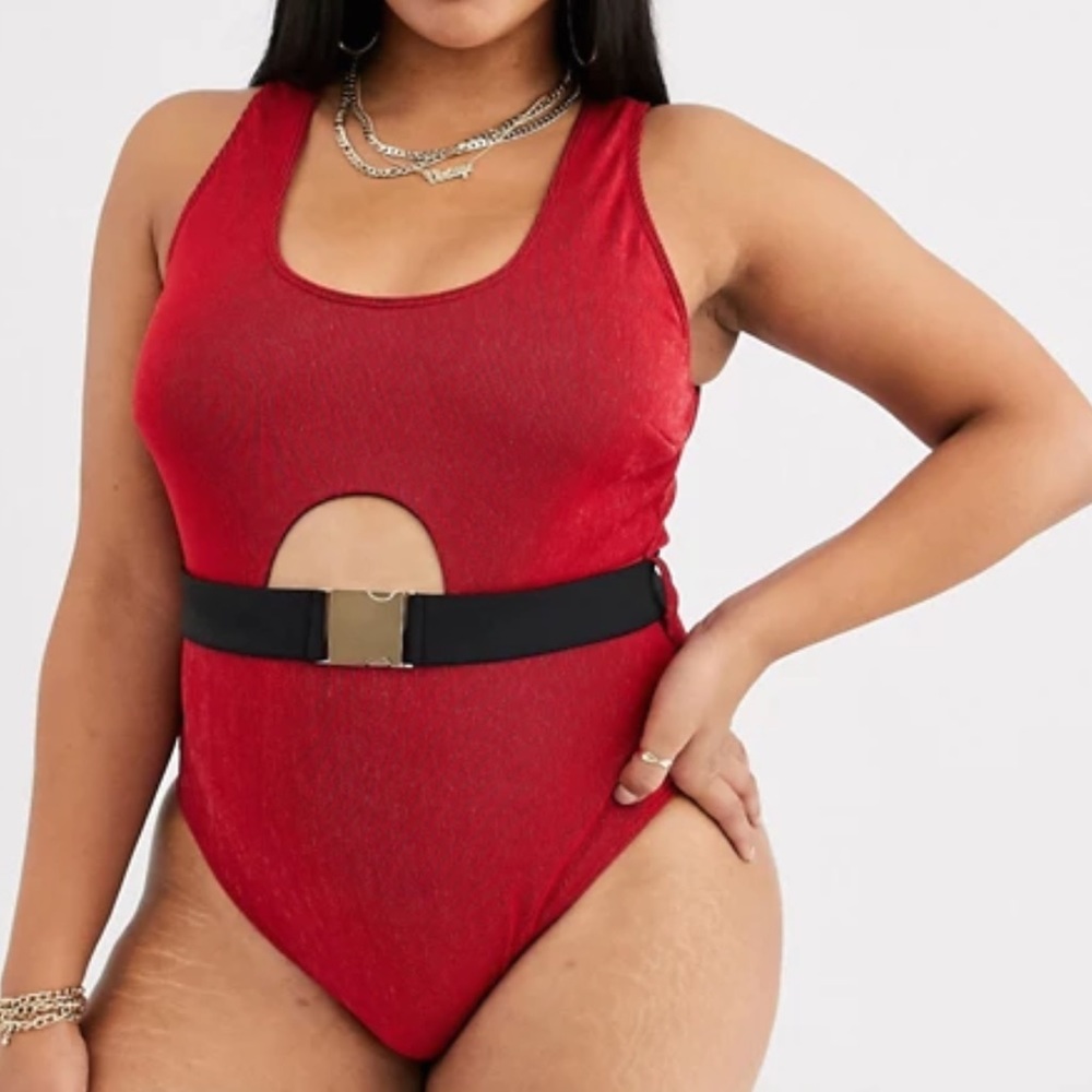 Wolf & Whistle cut out swimsuit in red glitter rib